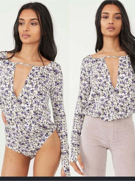 Free People Tops - Free People Cream Bodysuit with Purple Floral Print